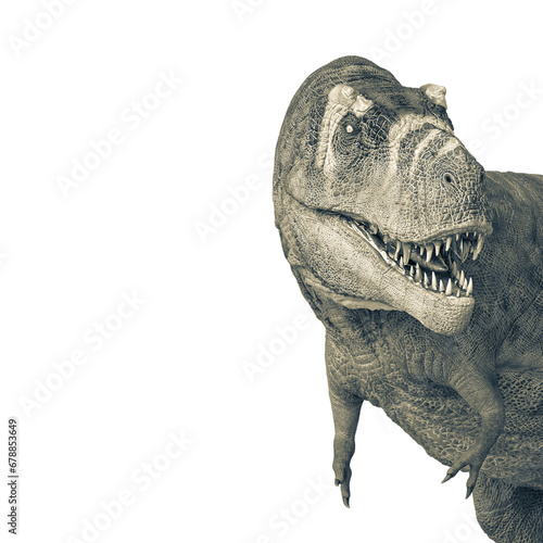 tyrannosaurus rex is angry and is looking back on close up side view with copy space photo