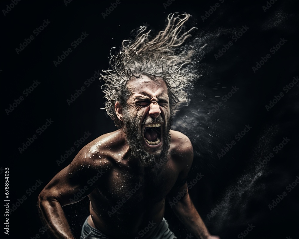 Obraz premium Wild-Haired Man Screaming with Intense Fury