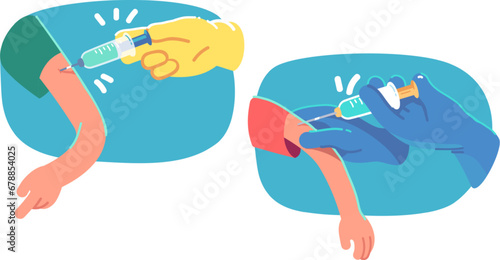 Nurse or doctor hands in gloves giving vaccine injection shot set. Corona virus patient kid get vaccination medical procedure or treatment. Virus pandemic preventive measure flat vector illustration