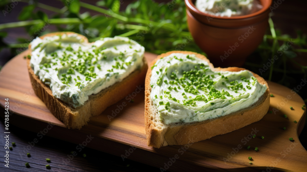 Slices of heart-shaped toast with cream cheese and parsley on a wooden cutting board, set against a dark wooden surface. Slices of heart-shaped toast with cream cheese and parsley on a wooden cutting board, set against a dark wooden surface.
