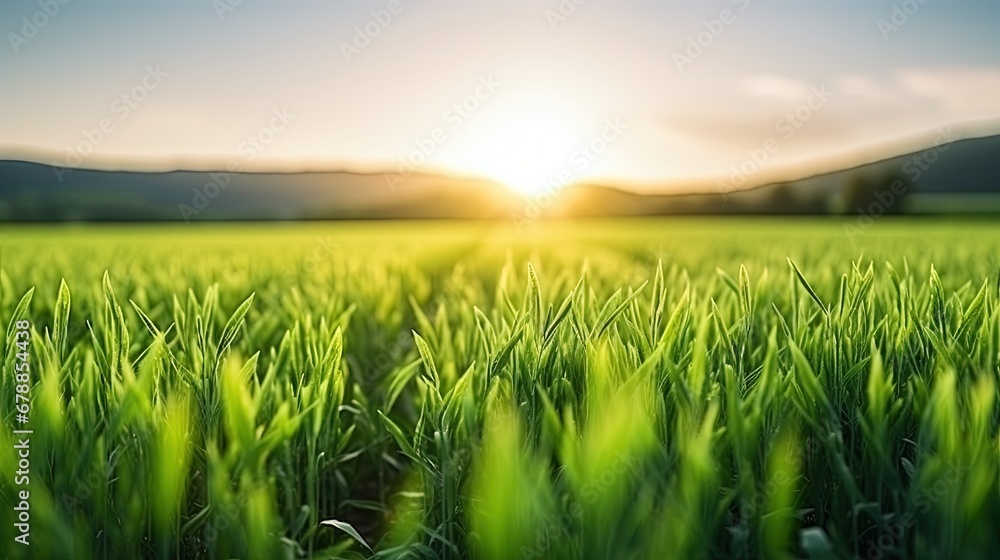Beautiful green field of Cereal sprouts close-up in the morning in sunlight landscape, panoramic view. Beautiful green field of Cereal sprouts close-up in the morning in sunlight landscape, panoramic view.