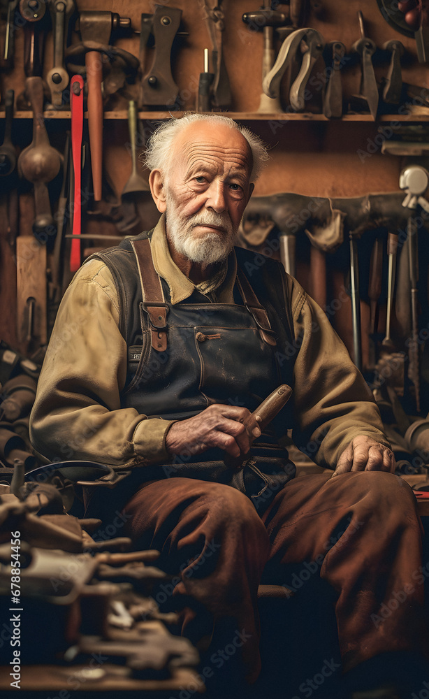 Elderly Craftsman at Work in Woodshop. Generative ai.