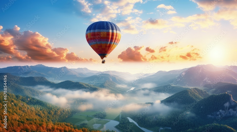 Fototapeta premium beautiful paradise landscape with colorful hot air balloon flying in the sunrays sky, travel destination