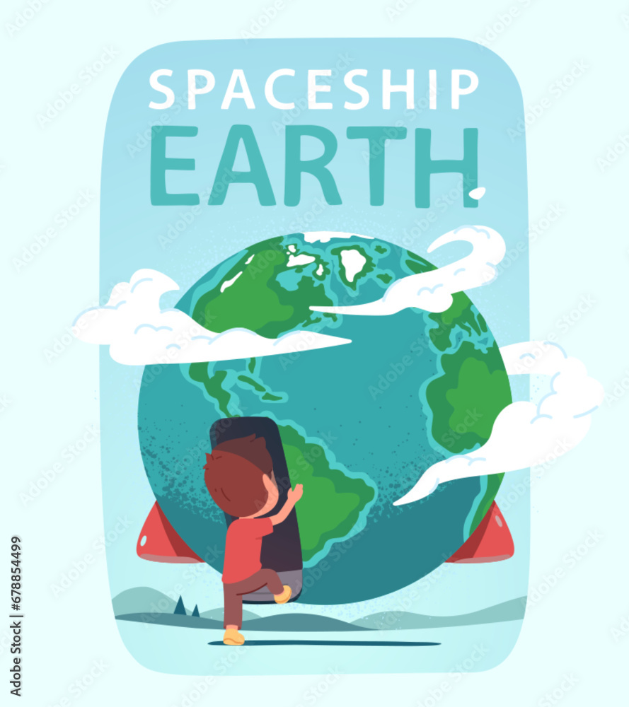 Passenger boy kid person going on board of Earth planet spaceship. World exploration and travel metaphor. Environment conservation and life on Earth concept flat style vector isolated illustration