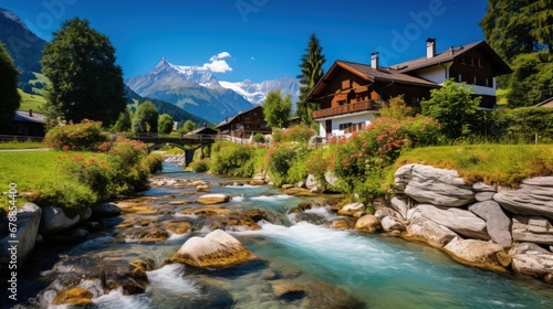 Photo of beautiful summer landscape with river stream and houses © JuJamal
