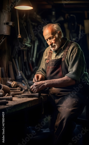 Elderly Craftsman at Work in Woodshop. Generative ai.