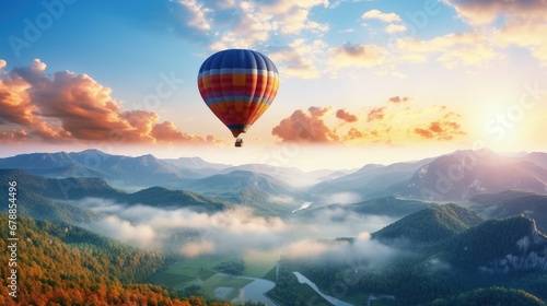 beautiful paradise landscape with colorful hot air balloon flying in the sunrays sky, travel destination © JuJamal