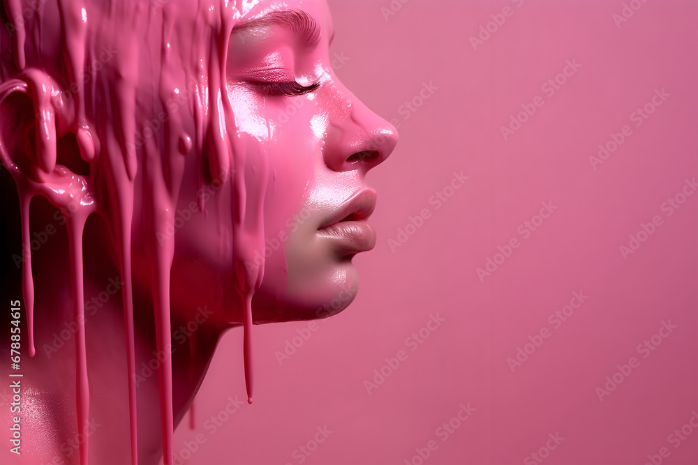 Fashion Concept. Closeup portrait of beautiful woman girl in pink flowing fluid gel paint. illuminated with dynamic composition light. sensual, mysterious, advertisement, copy space