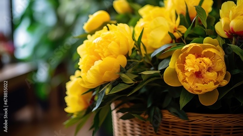 Bouquet of yellow peonies. Beautiful Yellow Peonies. Springtime Concept. Mothers Day Concept with a Copy Space. Valentine's Day. © John Martin