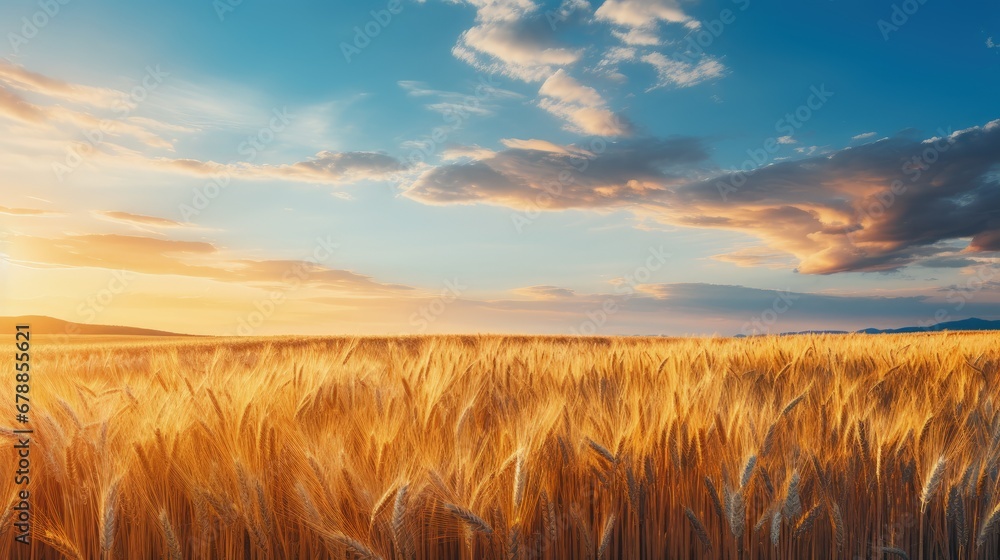 Beautiful Morning morning sunrise Natural Panorama of Gold Wheat Field