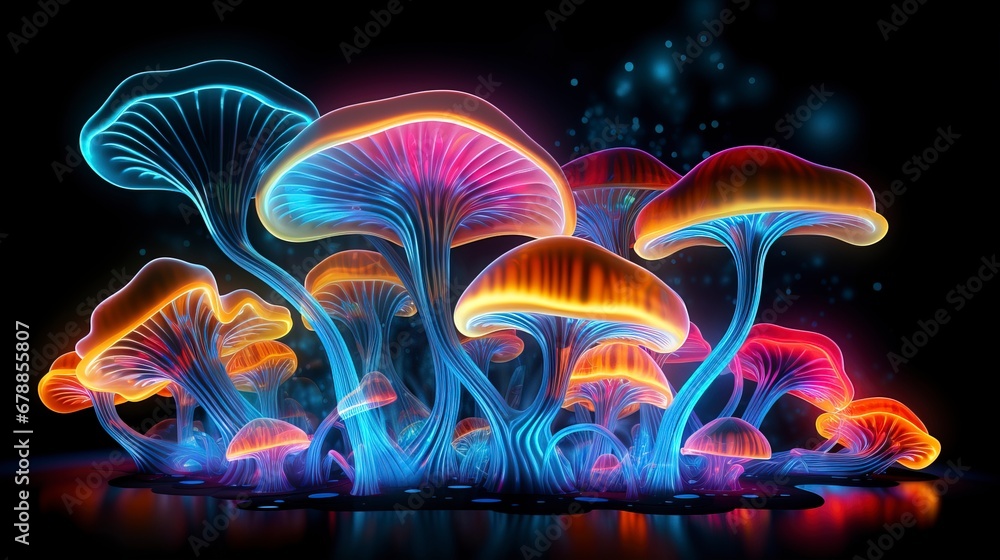 Fototapeta premium Fluorescent neon mushrooms. AI Generation