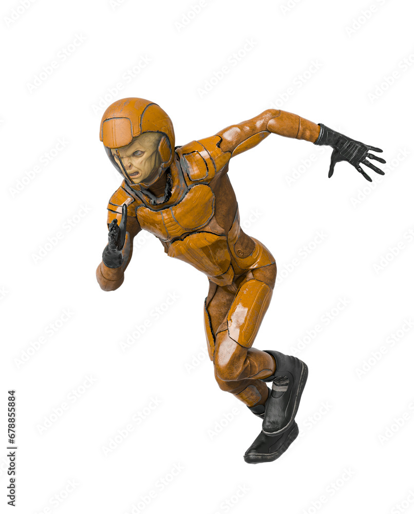 alien soldier is running fast on side view