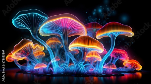 Fluorescent neon mushrooms. AI Generation