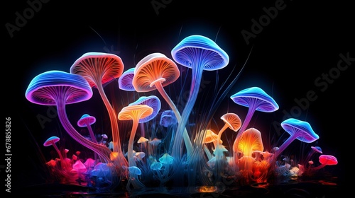 Fluorescent neon mushrooms. AI Generation © Terablete