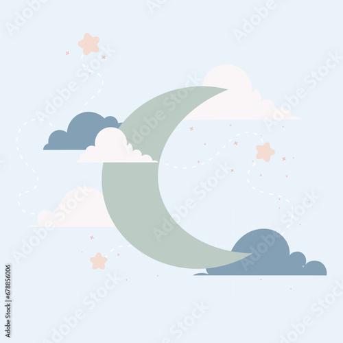 Cute kawaii moon and clouds background