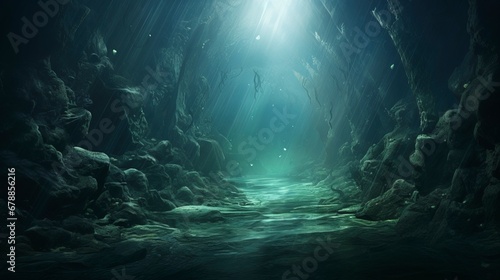 Underwater sea tunnel, rays of light. AI Generation