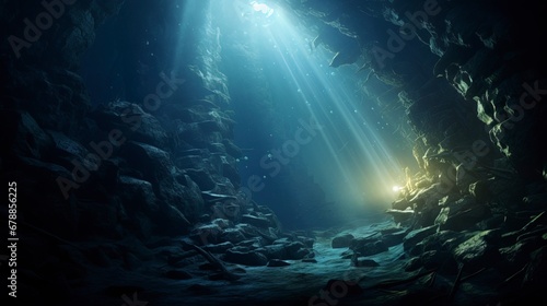 Underwater sea tunnel, rays of light. AI Generation © Terablete