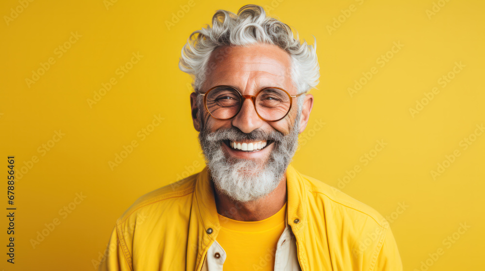 Beautiful and happy blond hair senior man looking at camera isolated on yellow background Beautiful and happy blond hair senior man looking at camera isolated on yellow background