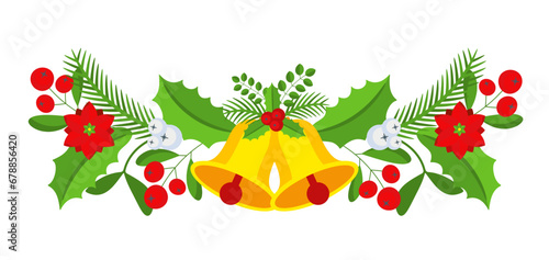 Christmas garland with bells and plant branches, flowers and berries.
