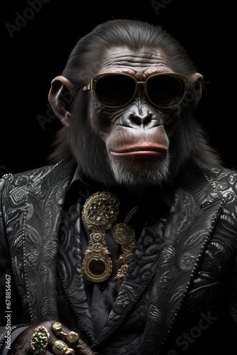 Monkey chimpanzee dressed in an elegant suit with a nice tie. Fashion portrait of an anthropomorphic animal, chimpanzee, posing with a charismatic human attitude © Eli Berr