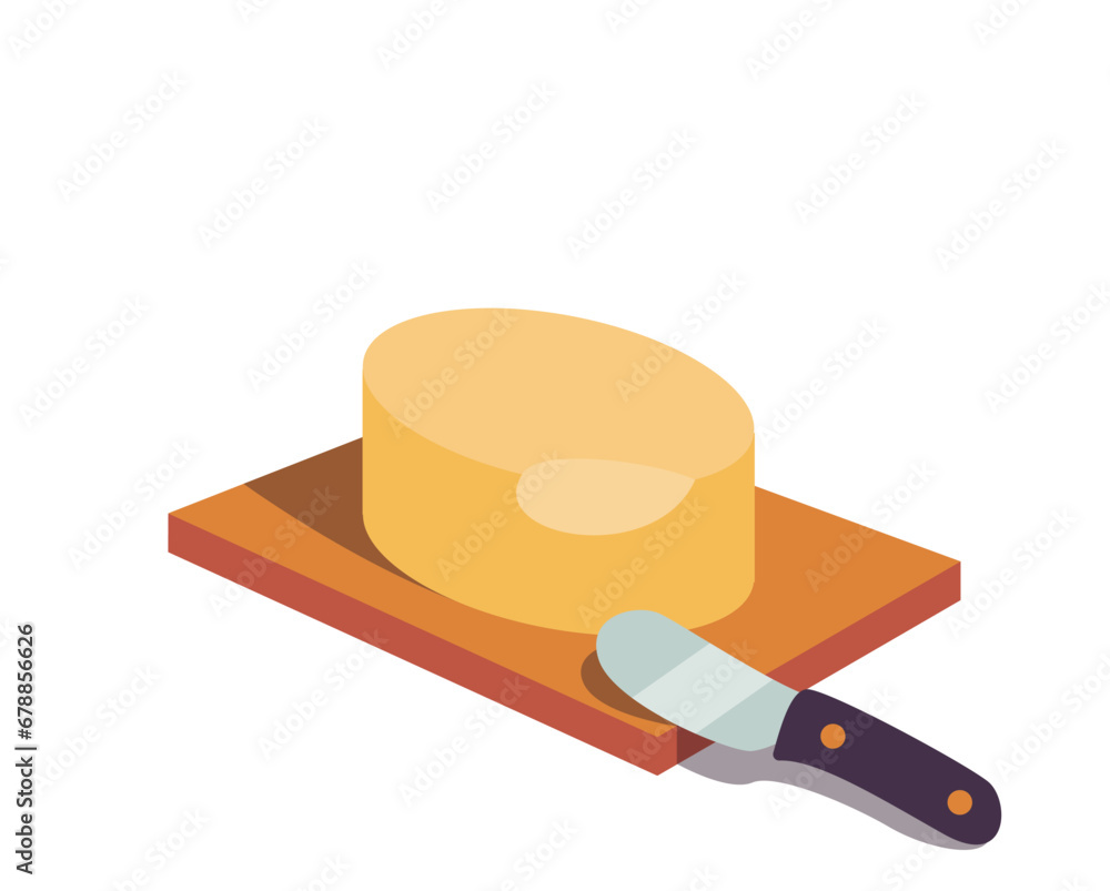 Vector illustration on a white background. Brick of butter on plate with knife. French culture. Gastronomy, salted butter.