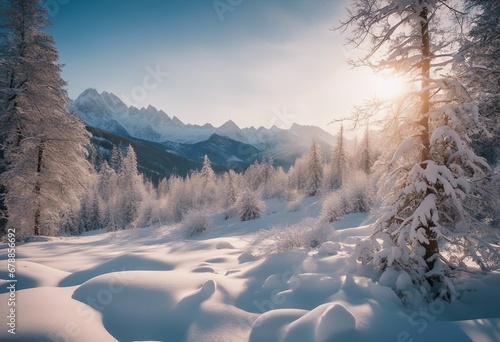 Winter landscape with snow covered mountains and trees in sunset evening 