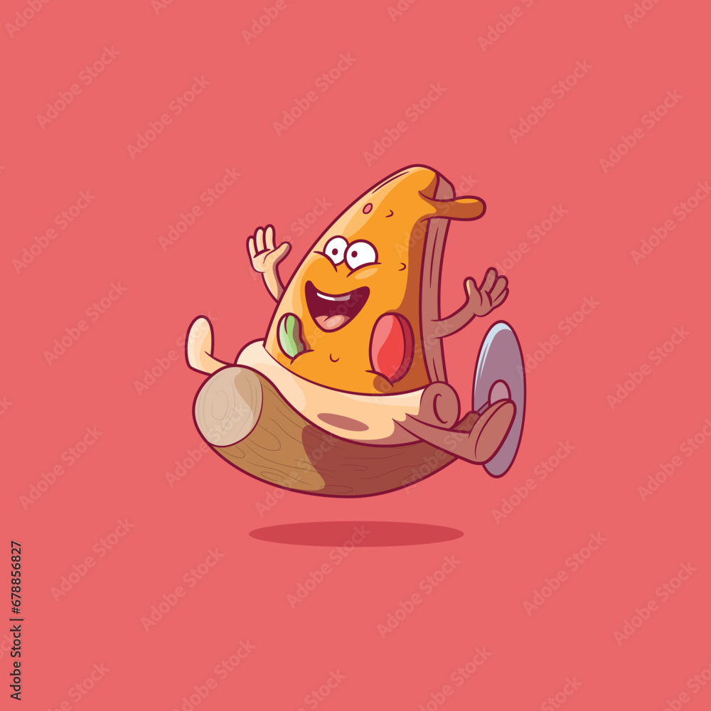 Pizza Slice flying in a Pizza Cutter vector illustration. Fast food, brand, funny design concept. Pizza Slice flying in a Pizza Cutter vector illustration. Fast food, brand, funny design concept.