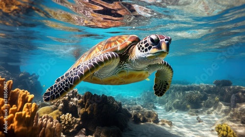 Majestic sea turtle explores the colorful coral reef ecosystem in the sea or ocean.