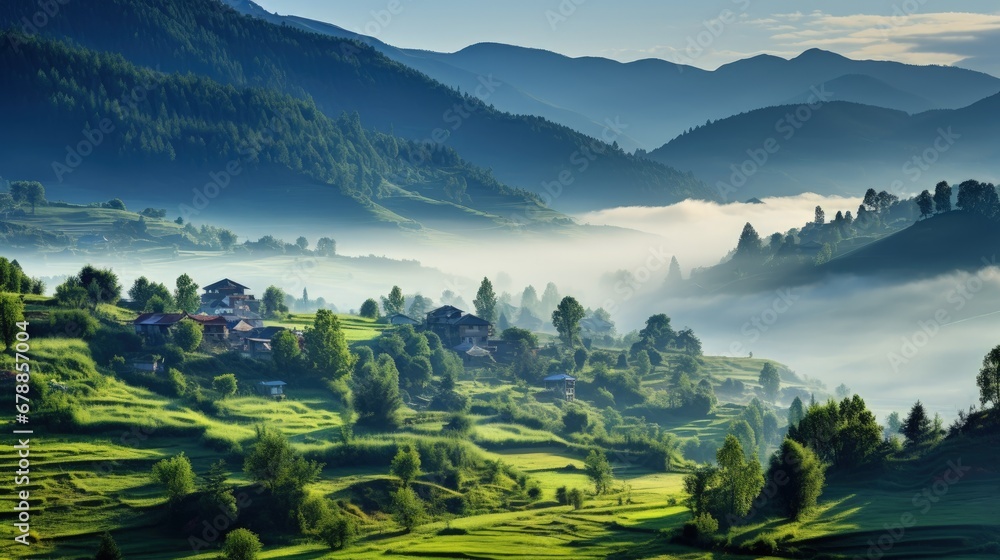 Panoramic photo of hillside near the village in morning sunrise and mist