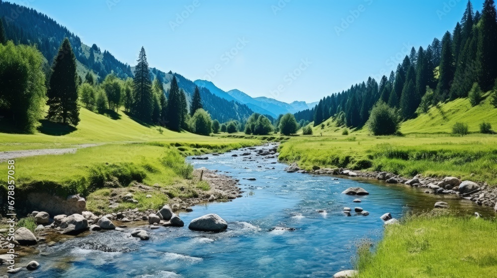 Panoramic photo of nature scene with mountain river. spring vacation in sunny valley. Grassy meadow on the shore beauty of tranquil ecology environment Panoramic photo of nature scene with mountain river. spring vacation in sunny valley. Grassy meadow on the shore beauty of tranquil ecology environment