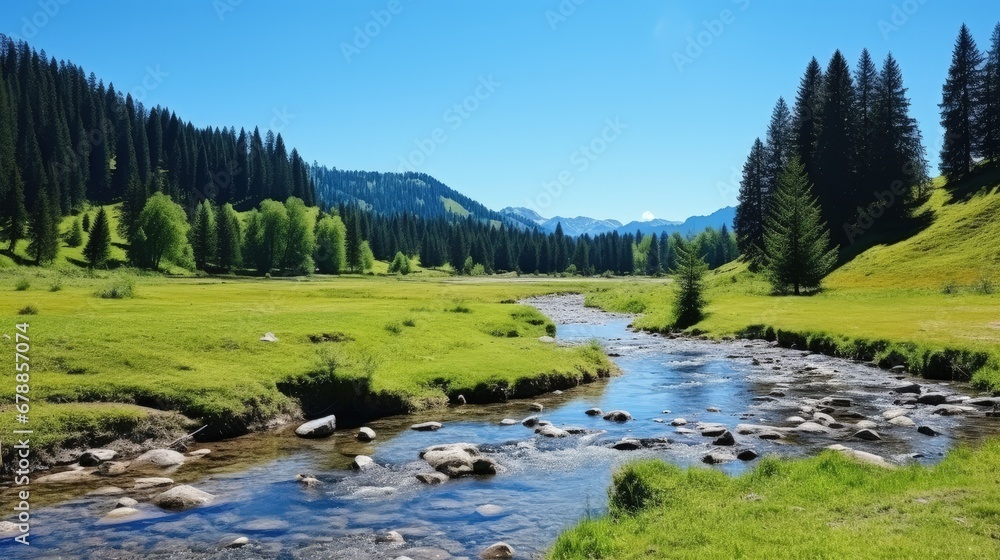 Obraz premium Panoramic photo of nature scene with mountain river. spring vacation in sunny valley. Grassy meadow on the shore beauty of tranquil ecology environment