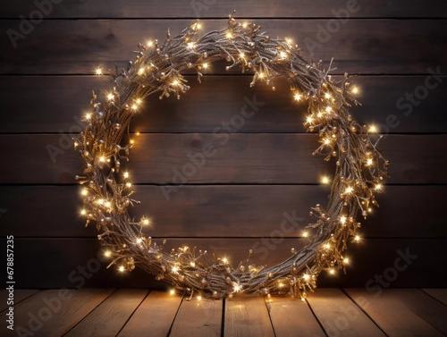 Fancy flashing light bulbs or garlands and wreath on wooden table for Christmas or New Years decoration background, space for adding text or picture, AI generator