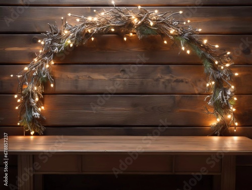 Fancy flashing light bulbs or garlands and wreath on wooden table for Christmas or New Years decoration background, space for adding text or picture, AI generator