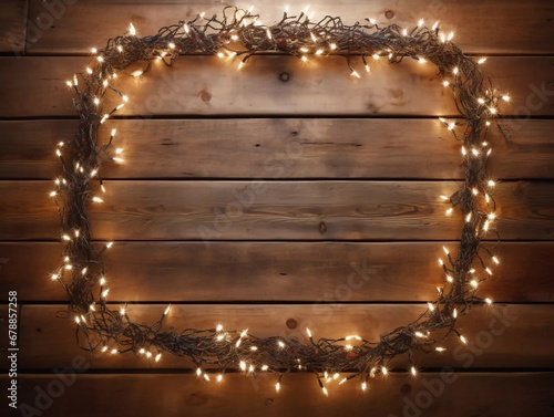 Fancy flashing light bulbs or garlands and wreath on wooden table for Christmas or New Years decoration background, space for adding text or picture, AI generator