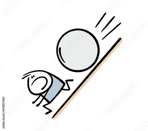 Cartoon frightened stickman in horror and panic runs down the inclined plane, a huge stone rolls behind him. Vector illustration of a disaster in the mountains.