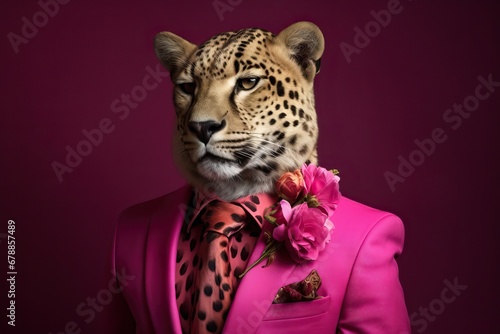 Cheetah dressed in an elegant modern pink suit with a nice tie. Fashion portrait of an anthropomorphic animal, feline, posing with a charismatic human attitude