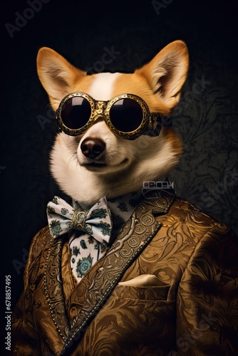 Dog, Corgi dressed in an elegant modern floral suit. Fashion portrait of an anthropomorphic animal, dog, posing with a charismatic human attitude © Eli Berr