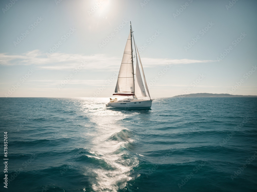 A white sailboat sailing in the open sea with a nice backlight with a clear sky. AI generated