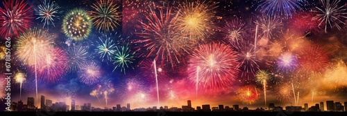 Cityscape and colorful fireworks in sky 