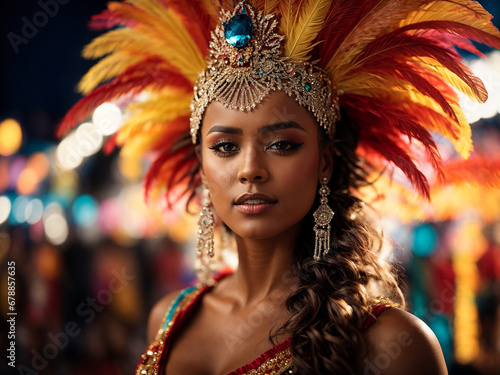 A captivating portrait of a black woman looking adorned with a latin carnival feather headdress and costume. AI generated © Q