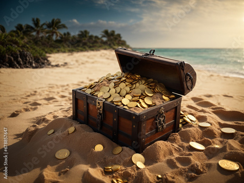 Classic open treasure chest full of gold coins on a sandy beach with palm trees by the sea. AI generated
