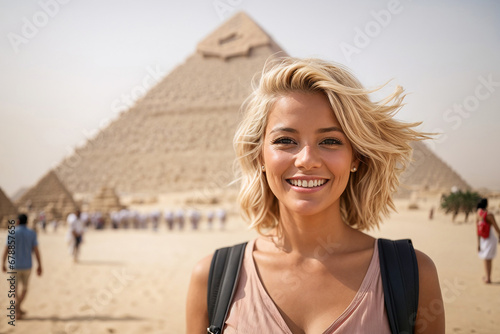 Tourist woman traveling in Giza pyramids, Cairo, Egypt, with Cheops pyramid behind. AI generated photo