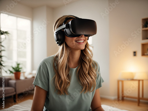 A blonde girl sitting in her living room, wearing a virtual reality headset, or 360 glasses.. AI generated