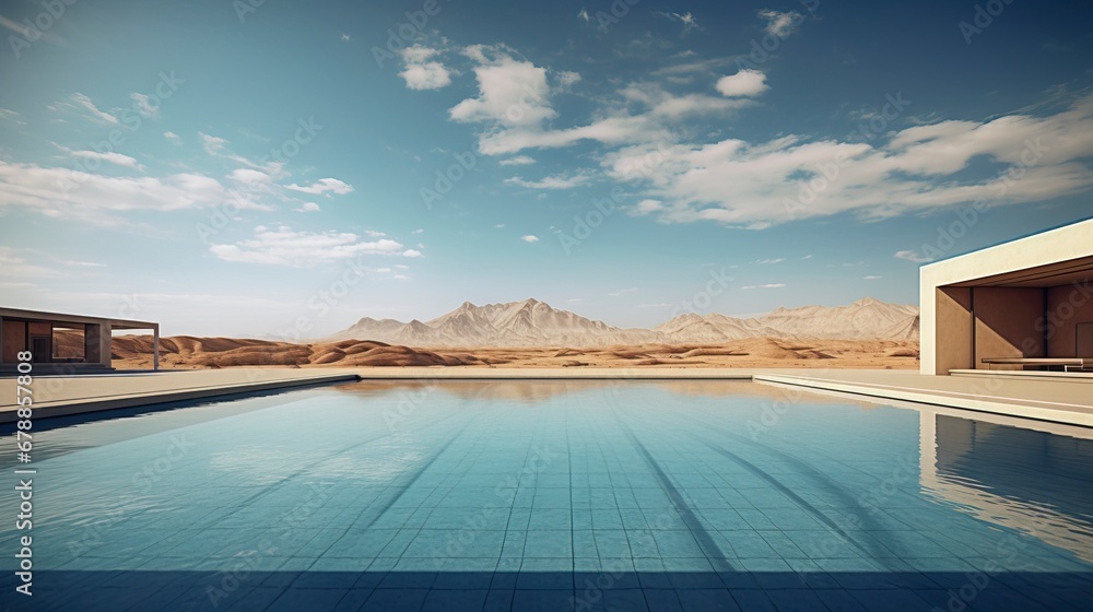 Swimming pool in a desert landscape. AI Generation