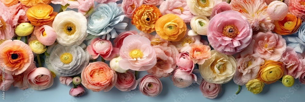easter, ranunculus, flowers, bloom, blossom, blue, sky, bouquet, card, poster, print, decoration, festive, pink, panoramic, panorama, banner, egg, web, resurrection, colorful, holiday, pattern, pascha