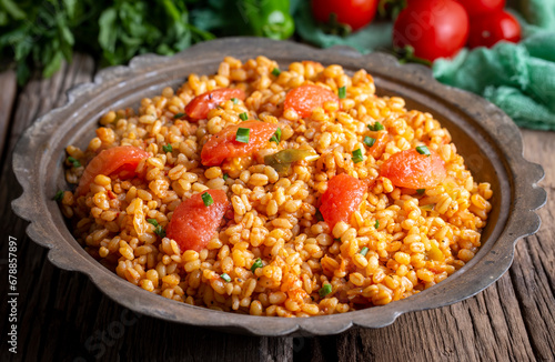 Traditional turkish bulgur pilaf with tomato sause in plate (Turkish name; meyhane pilavi) photo