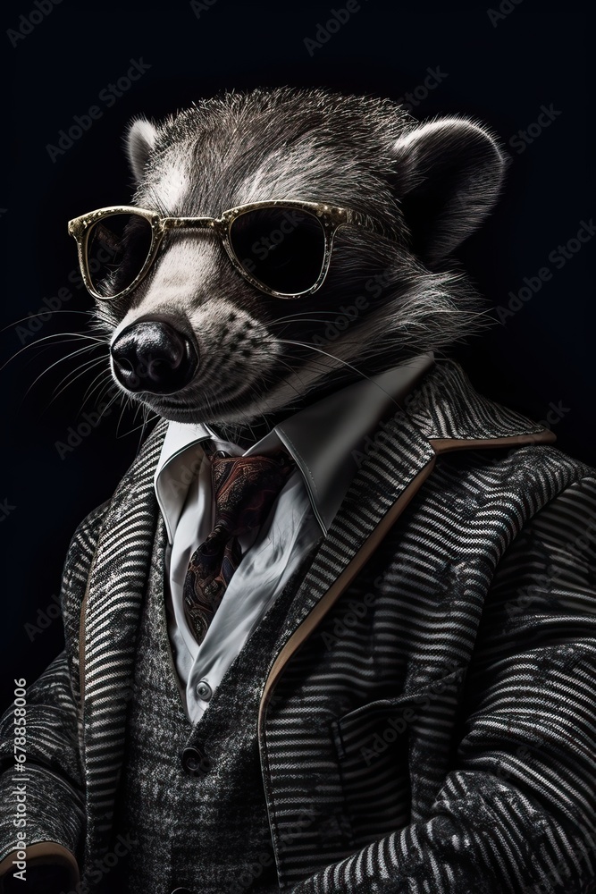 Badger dressed in a casual modern suit. Fashion portrait of an anthropomorphic animal posing with a charismatic human attitude