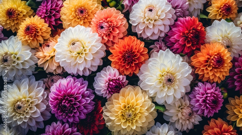 Colorful dahlia flowers as a background, top view. Springtime Concept. Mothers Day Concept with a Copy Space. Valentine's Day.