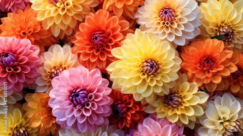 Colorful dahlia flowers as a background  top view. Springtime Concept. Mothers Day Concept with a Copy Space. Valentine s Day.