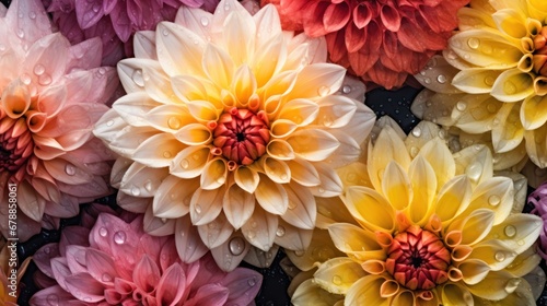 Colorful dahlia flowers on black background. Top view. Springtime Concept. Mothers Day Concept with a Copy Space. Valentine s Day.
